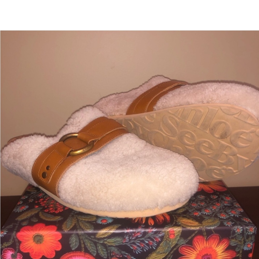 See By Chloe Shearling Mules with Tan Leather and Gold Buckle